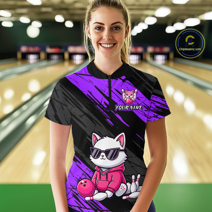 Custom Funny Purple Cat Bowling Jersey for Women Bowling Team Shirts Bowling Polo & 1/4 Zip HNT257
