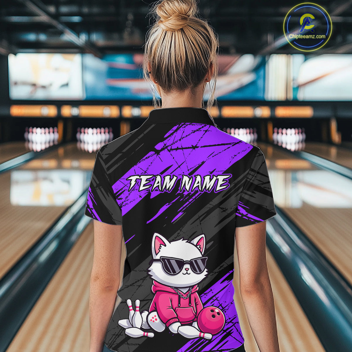 Custom Funny Purple Cat Bowling Jersey for Women Bowling Team Shirts Bowling Polo & 1/4 Zip HNT257