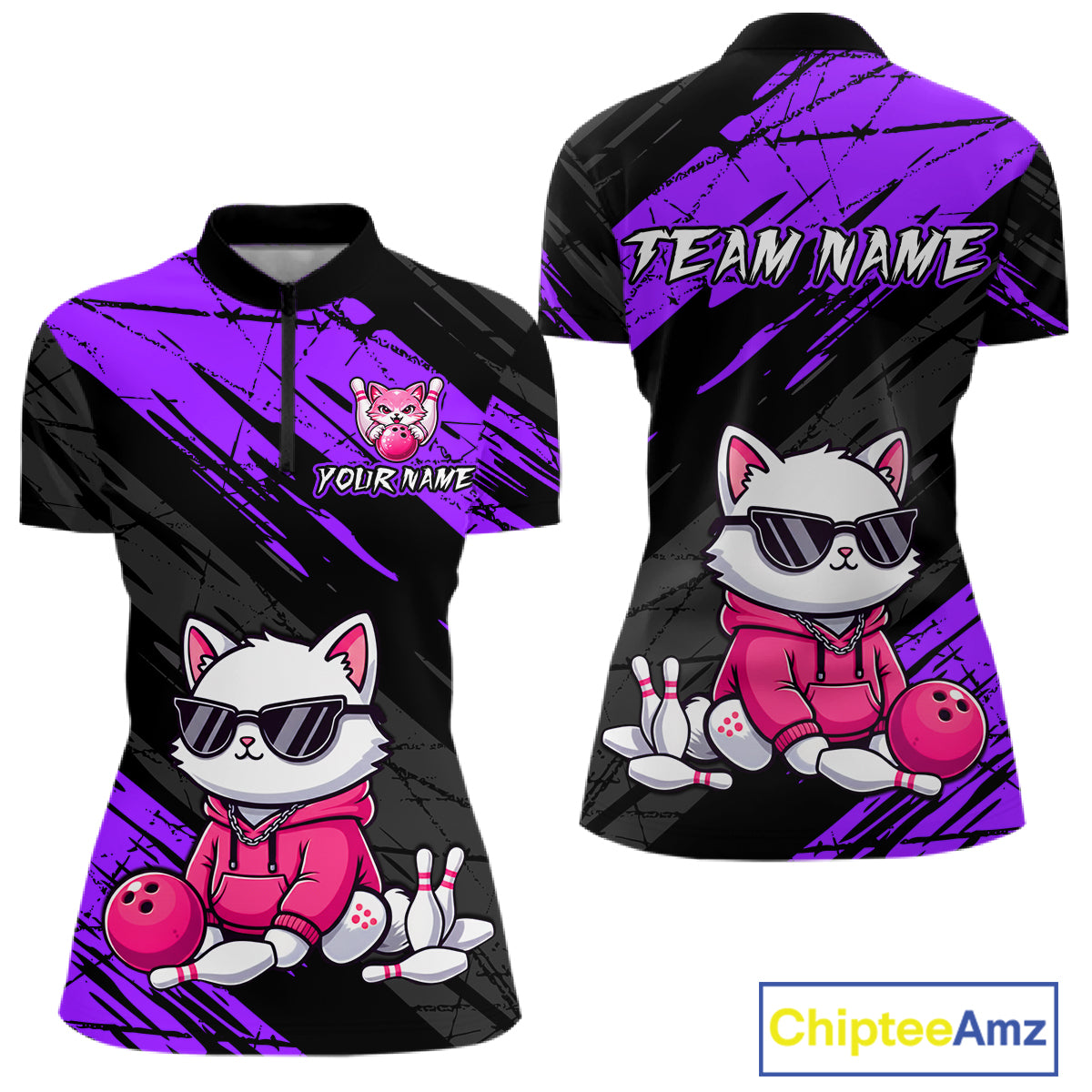 Custom Funny Purple Cat Bowling Jersey for Women Bowling Team Shirts Bowling Polo & 1/4 Zip HNT257