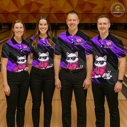Custom Funny Purple Cat Bowling Jersey for Women Bowling Team Shirts Bowling Polo & 1/4 Zip HNT257