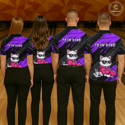 Custom Funny Purple Cat Bowling Jersey for Women Bowling Team Shirts Bowling Polo & 1/4 Zip HNT257