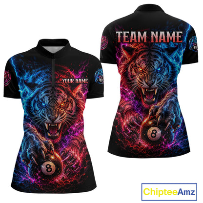 Black polo shirt with a colorful tiger design and 'Team Name' text on a white background.