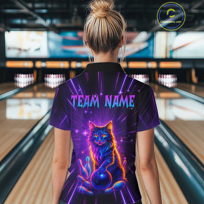 Custom Neon Cat Bowling Jersey for Women Bowling Team Shirts Bowling League Polo & 1/4 Zip HNT153