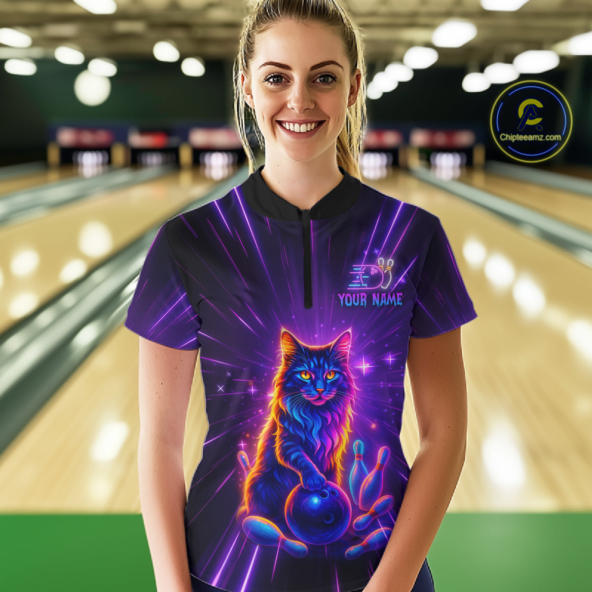 Custom Neon Cat Bowling Jersey for Women Bowling Team Shirts Bowling League Polo & 1/4 Zip HNT153