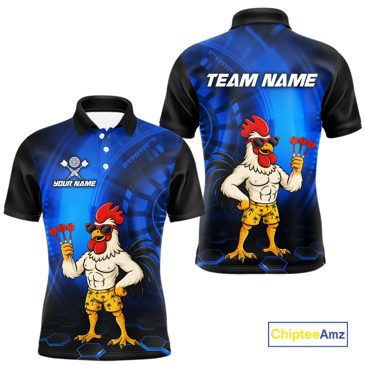 Custom Blue Funny Chicken Darts Shirt for Men Darts Team Jerseys Polo & 1/4 Zip Dart League NNT131