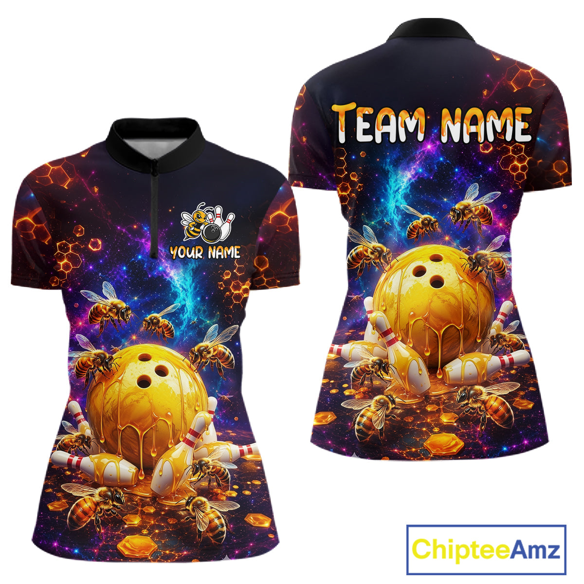 Front and back views of a dark bowling quarter zip with cosmic honeycomb graphics, bees, honey-dripping bowling balls, pins, and custom team text.