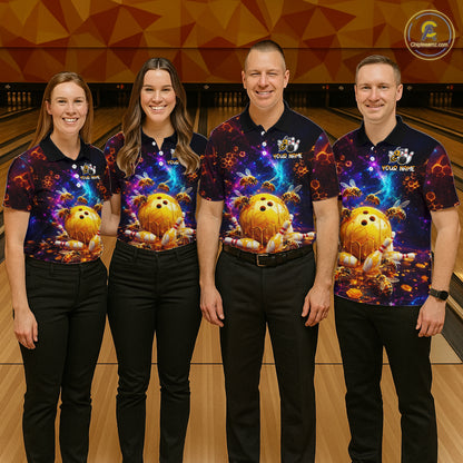 Four people wearing of a dark bowling quarter zip with cosmic honeycomb graphics, bees, honey-dripping bowling balls, pins, and custom your name text.