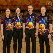 Load image into Gallery viewer, Four people wearing of a dark bowling quarter zip with cosmic honeycomb graphics, bees, honey-dripping bowling balls, pins, and custom your name text.