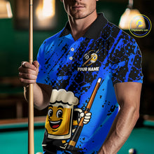 Load image into Gallery viewer, Man wearing a blue funny beer billiard shirt with a pool cue, standing in front of a pool table.