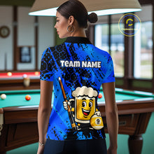 Load image into Gallery viewer, Woman wearing a bright blue billiards polo with black splatter graphics, custom “TEAM NAME” text, and a smiling beer mug mascot holding a pool cue.
