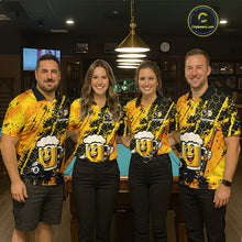 Load image into Gallery viewer, Four teammates in a billiards hall wearing matching yellow funny beer-themed pool polos, sleeve name text, and large 8-ball graphics.