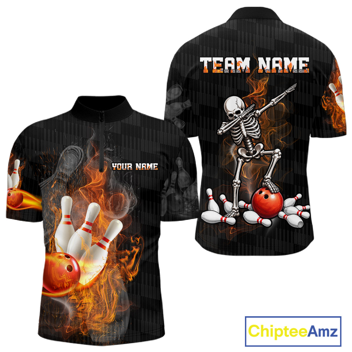Black short-sleeve bowling-themed t-shirt shown from the front and back, featuring a dancing skeleton, bowling pins, red bowling balls, and flame effects. Includes customizable text placeholders 'TEAM NAME' and 'YOUR NAME'.
