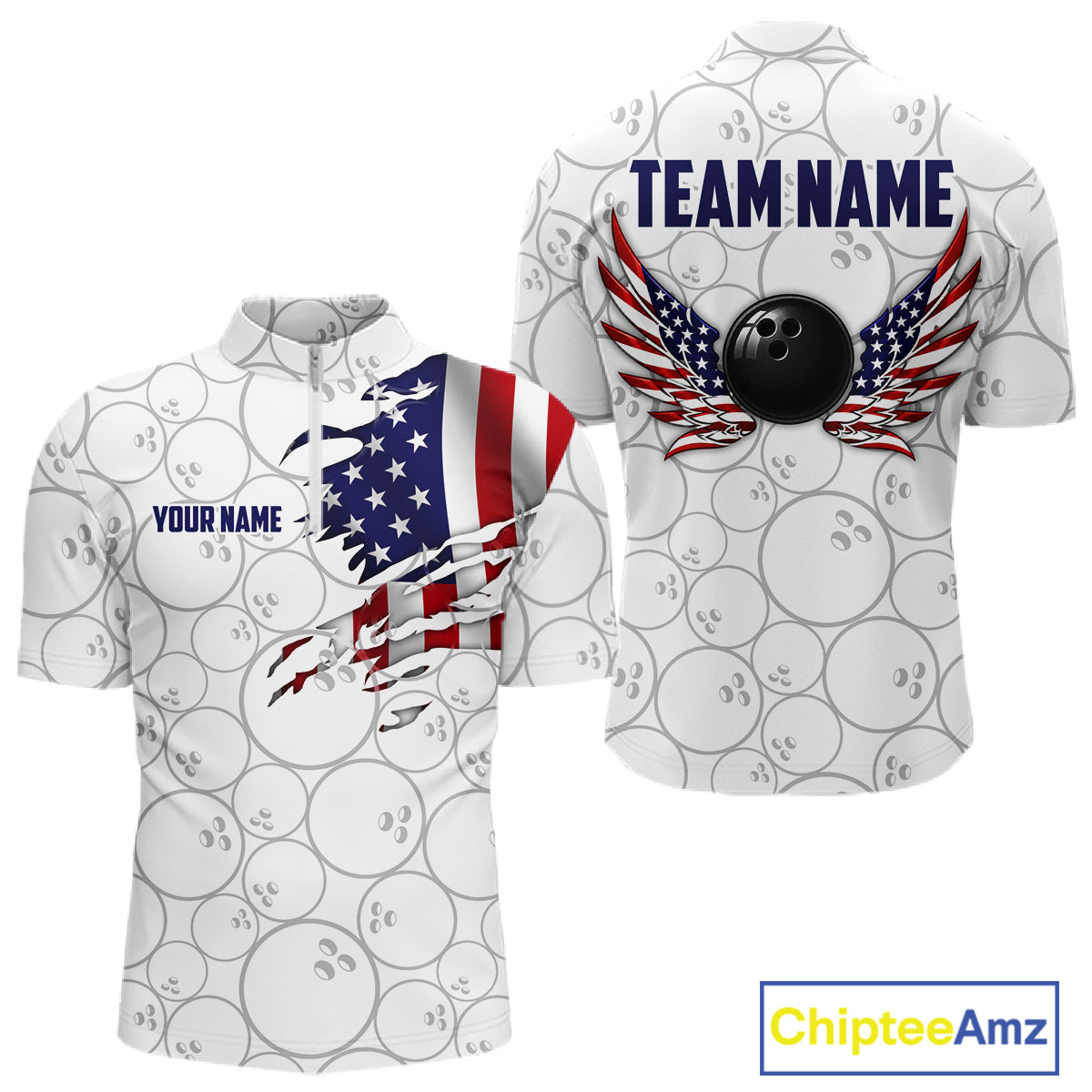 White short-sleeve bowling-themed polo shirt shown from front and back. The shirt has a repeating gray bowling-pin pattern, a torn American flag graphic on the front, a black bowling ball with red, white, and blue wings on the back, and customizable text areas reading 'YOUR NAME' and 'TEAM NAME'.