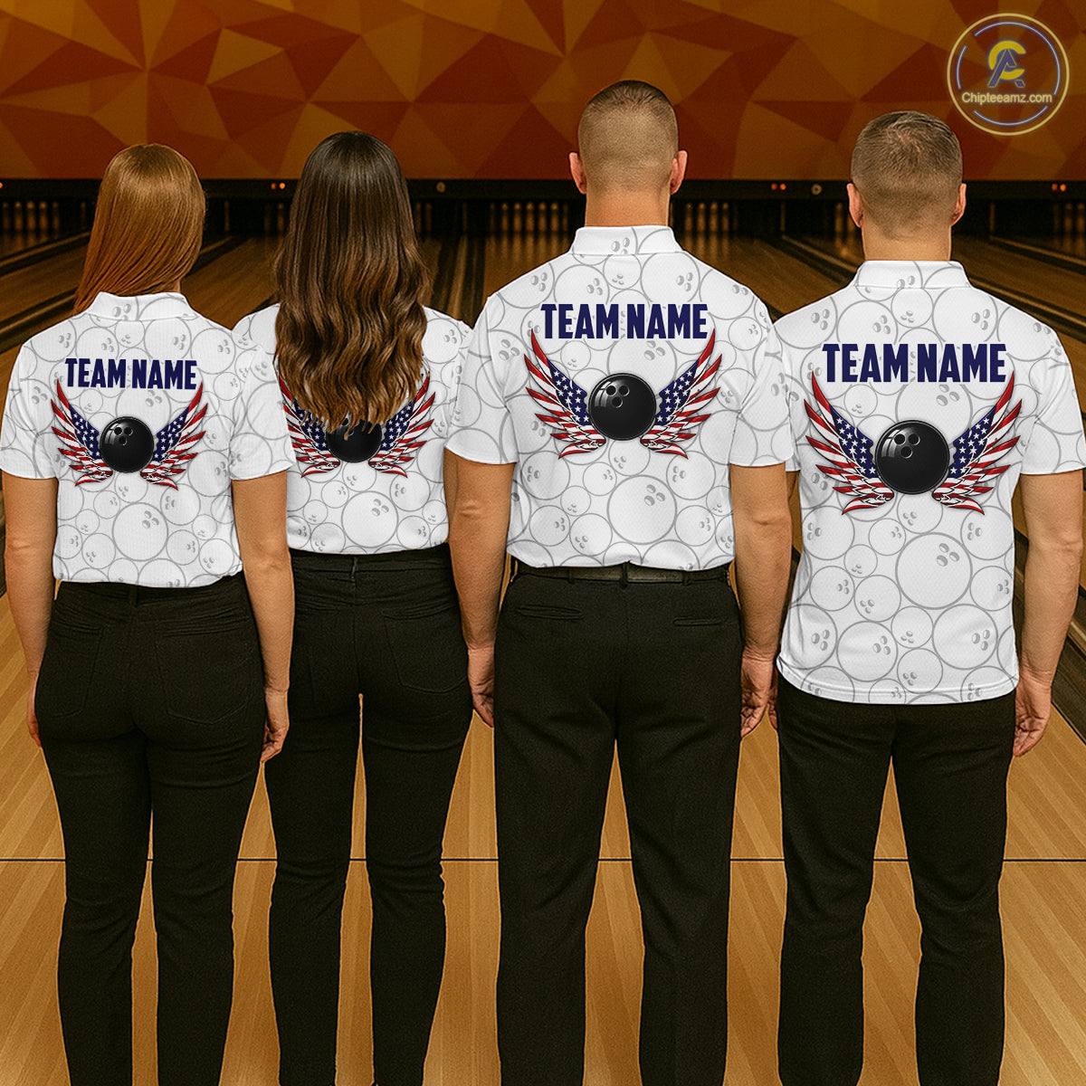 Four people standing with their backs to the camera in a bowling alley, wearing matching white bowling shirts with a black bowling ball graphic, red and blue wings, and 'TEAM NAME' printed on the back, paired with black pants.