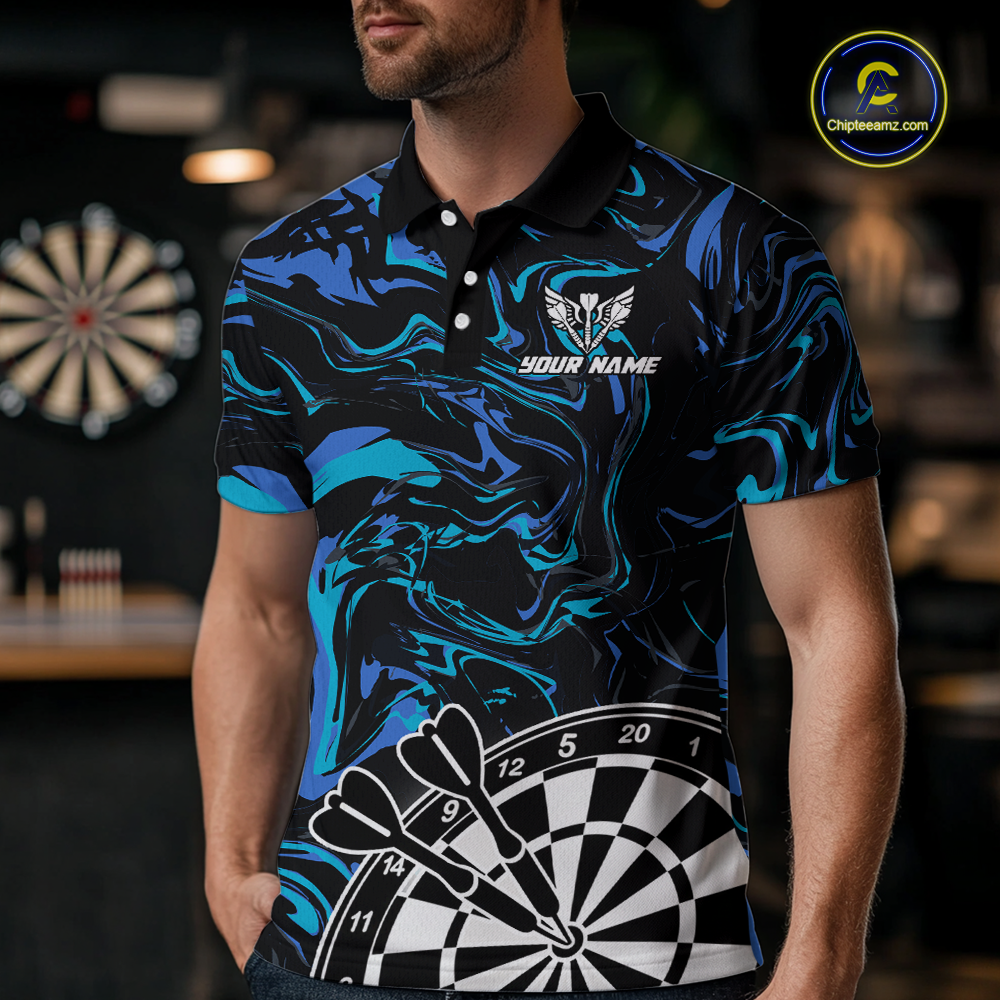 Turquoise-Blue Pattern Aim Shoot Swear Repeat Darts Team Jerseys Dart Shirts For Men NNT168