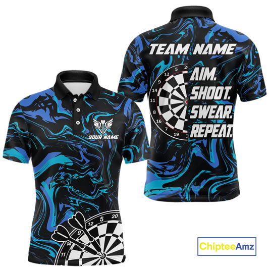 Turquoise-Blue Pattern Aim Shoot Swear Repeat Darts Team Jerseys Dart Shirts For Men NNT168