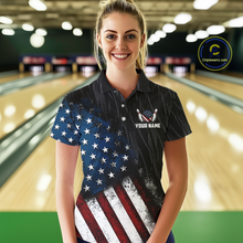 Load image into Gallery viewer, Woman wearing a black patriotic bowling polo shirt featuring distressed American flag graphics, custom team and player name text, and a bald eagle with spread wings above a flag-themed bowling ball and pins.