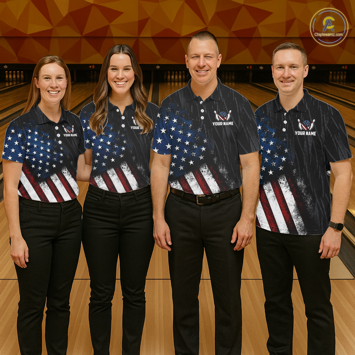 Four people wearing black patriotic bowling polo shirt featuring distressed American flag graphics, custom team and player name text, and a bald eagle with spread wings above a flag-themed bowling ball and pins.