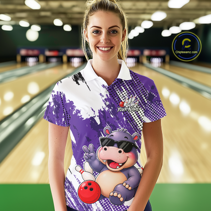 Custom Funny Hippo Bowling Team Shirts Bowling Shirt for Women Bowling League Polo &1/4 Zip HNT348