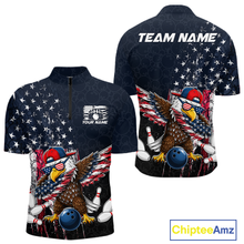 Load image into Gallery viewer, Front and back views of a dark patriotic bowling quarter zip with distressed stars-and-stripes graphics, a eagle , bowling pins, and custom team text.