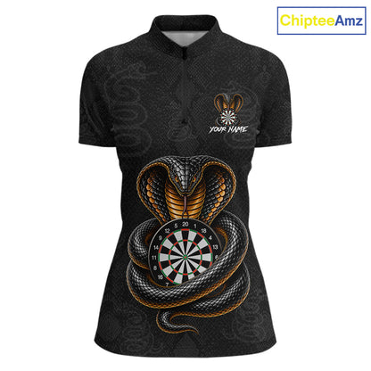 Front darts quarter zip shirt featuring a cobra wrapped around a dartboard with cobra snake artwork on a black background.