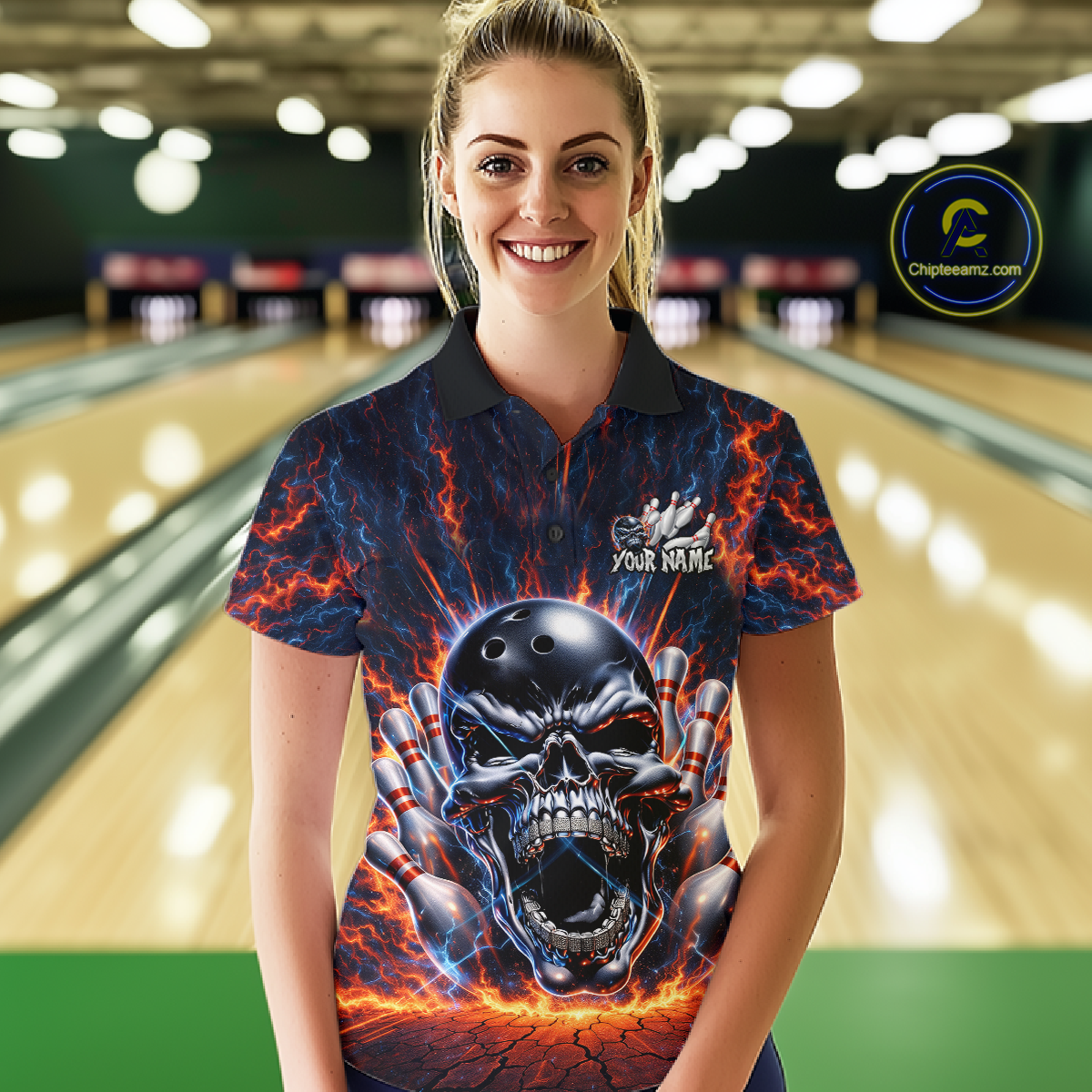 Custom Skull Bowling Jersey for Women - Flaming Strike Personalize Bowling Team Shirt Polo & 1/4 Zip HNT215
