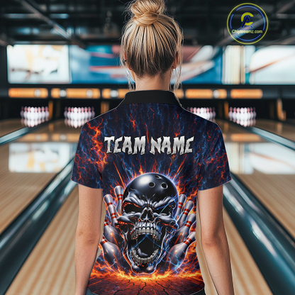 Custom Skull Bowling Jersey for Women - Flaming Strike Personalize Bowling Team Shirt Polo & 1/4 Zip HNT215