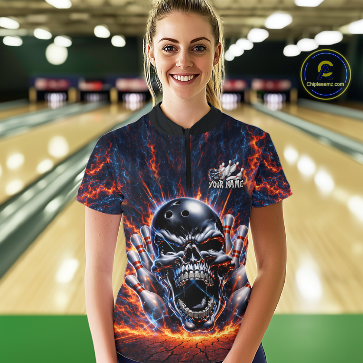 Custom Skull Bowling Jersey for Women - Flaming Strike Personalize Bowling Team Shirt Polo & 1/4 Zip HNT215