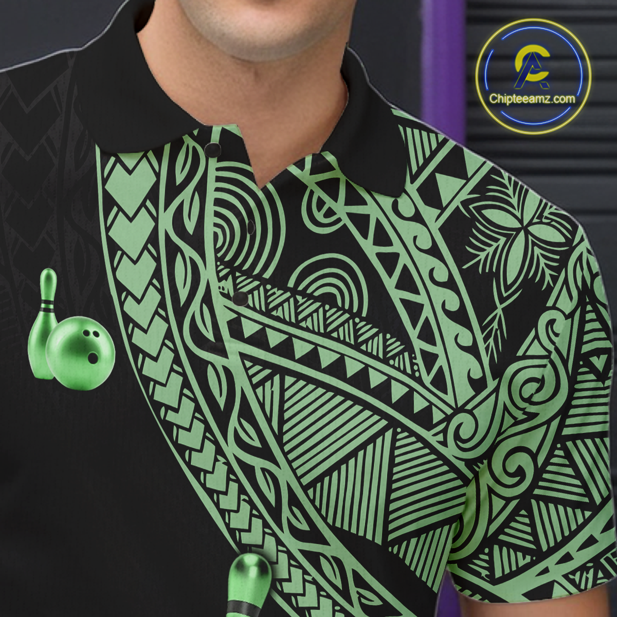 Black and Green Tribal Pattern Bowling Jersey for Men Bowling Uniform Bowling Team Shirts HNT225