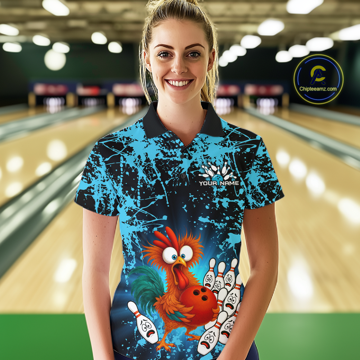 Turquoise Funny Chicken Bowling Jersey for Women Bowling League Bowling Team Shirts Polo & 1/4 Zip HN232