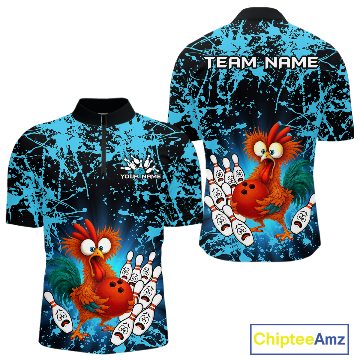 Turquoise Funny Chicken Bowling Jersey for Men Bowling League Bowling Team Shirts Polo & 1/4 Zip HN232