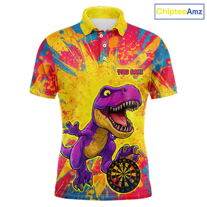 Front darts polo shirt featuring a purple dinosaur holding a dartboard within a bright colorful paint splatter background.