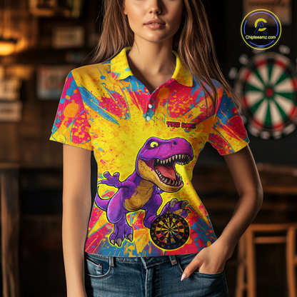 Women wearing darts polo shirt featuring a purple dinosaur holding a dartboard within a bright colorful paint splatter background.