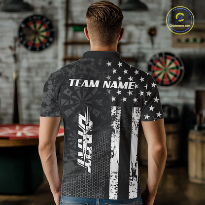 Man wearing darts polo shirt featuring dartboard patterns layered with american flag graphics and geometric details on a black background.