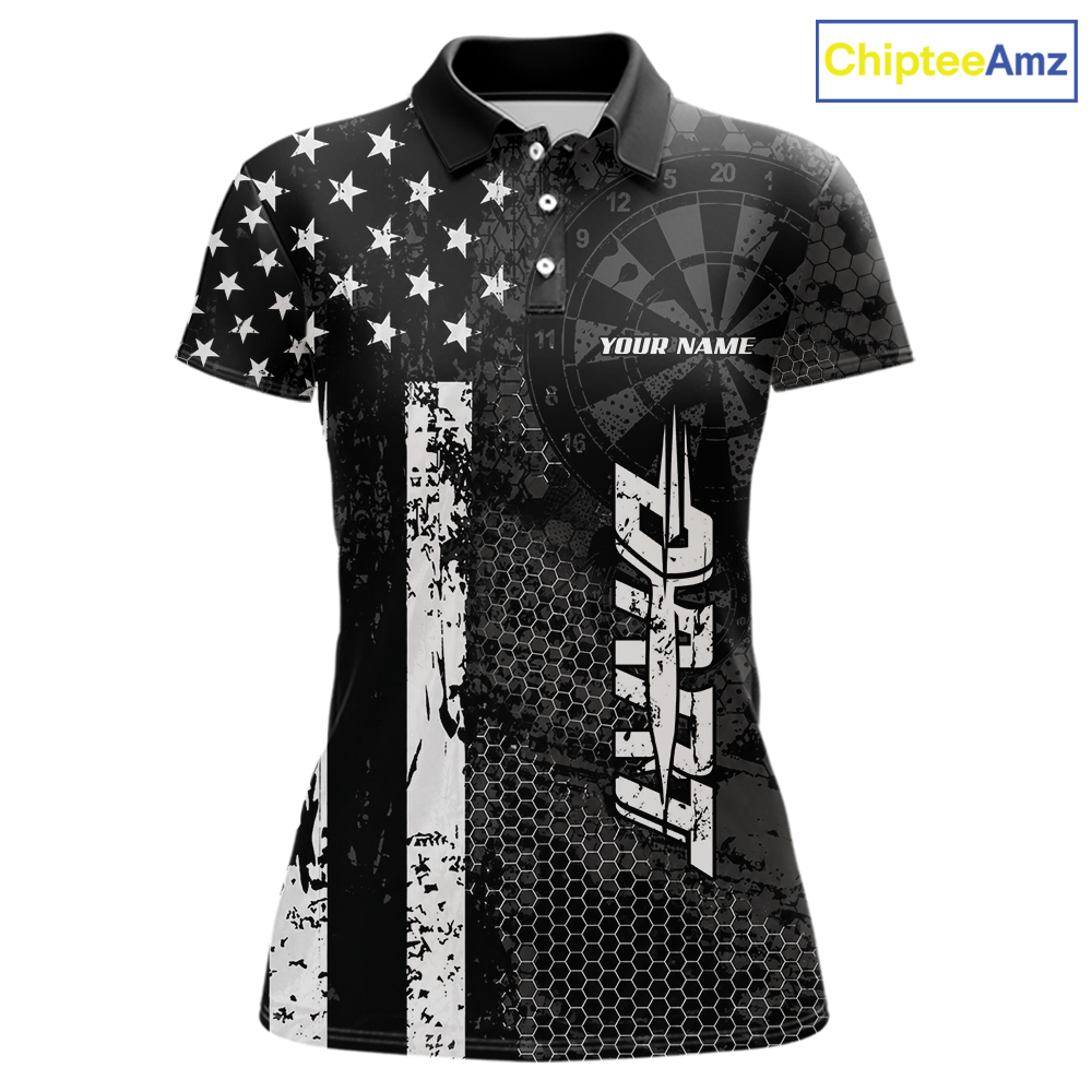 Front darts polo shirt featuring dartboard patterns layered with american flag graphics and geometric details on a black background.