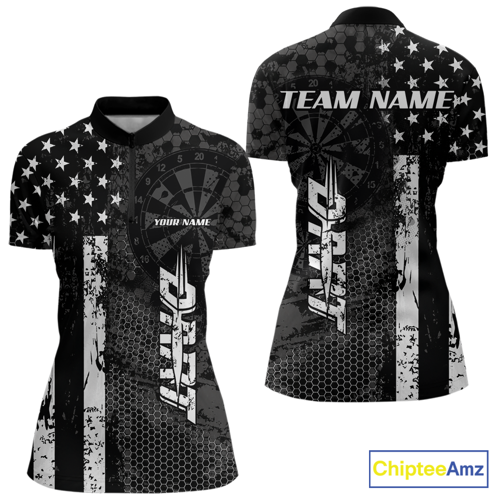 Front and back darts quarter zip shirt featuring dartboard patterns layered with american flag graphics and geometric details on a black background.