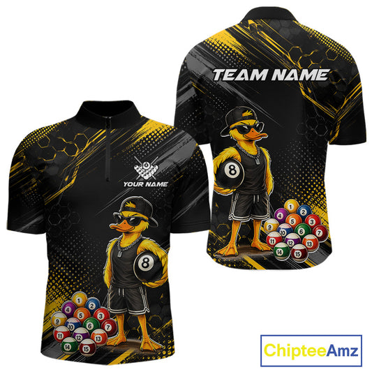 Front and back billiards quarter zip shirt featuring a duck holding an eight ball with colorful pool balls arranged on a black yellow background.