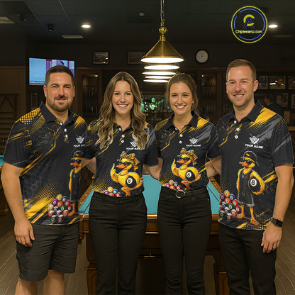 Four people wearing billiards polo shirt featuring a duck holding an eight ball with pool balls arranged across a black yellow background.