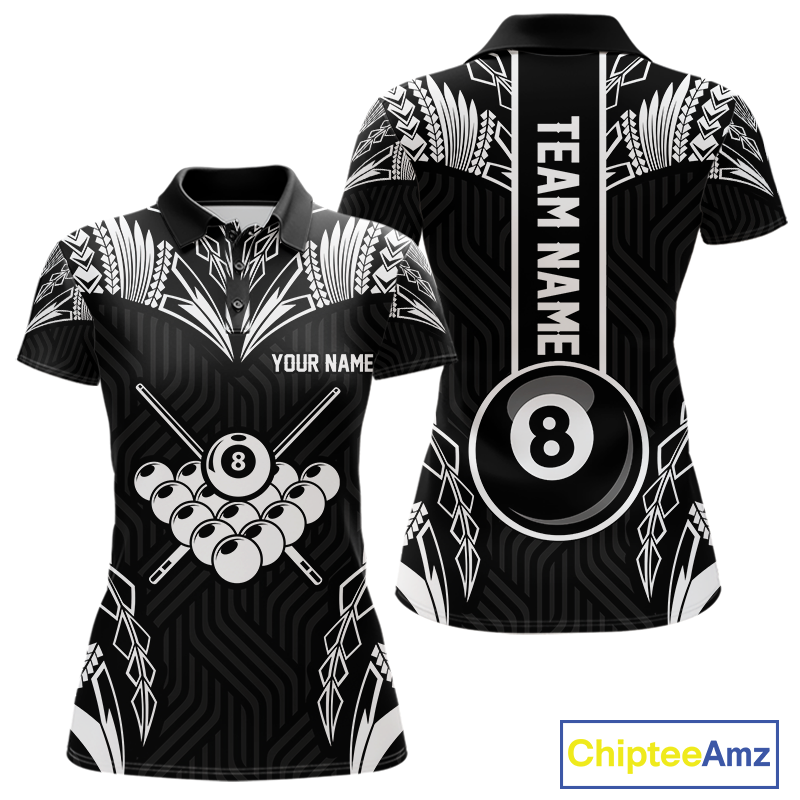 Custom 8 Ball Tribal Pattern Billiard Shirts for Women Billiard Team Shirts Billiard League Polo & 1/4 Zip NNT95