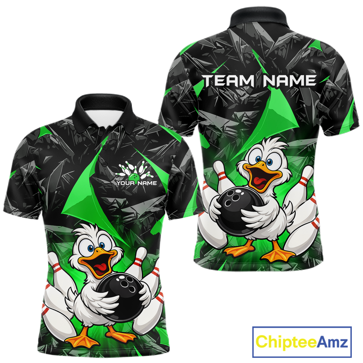 Custom Green Funny Duck Bowling Jersey for Men Bowling League Bowling Team Shirts Polo & 1/4 Zip HN233