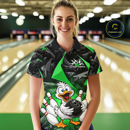 Custom Green Funny Duck Bowling Jersey for Women Bowling League Bowling Team Shirts Polo & 1/4 Zip HN233