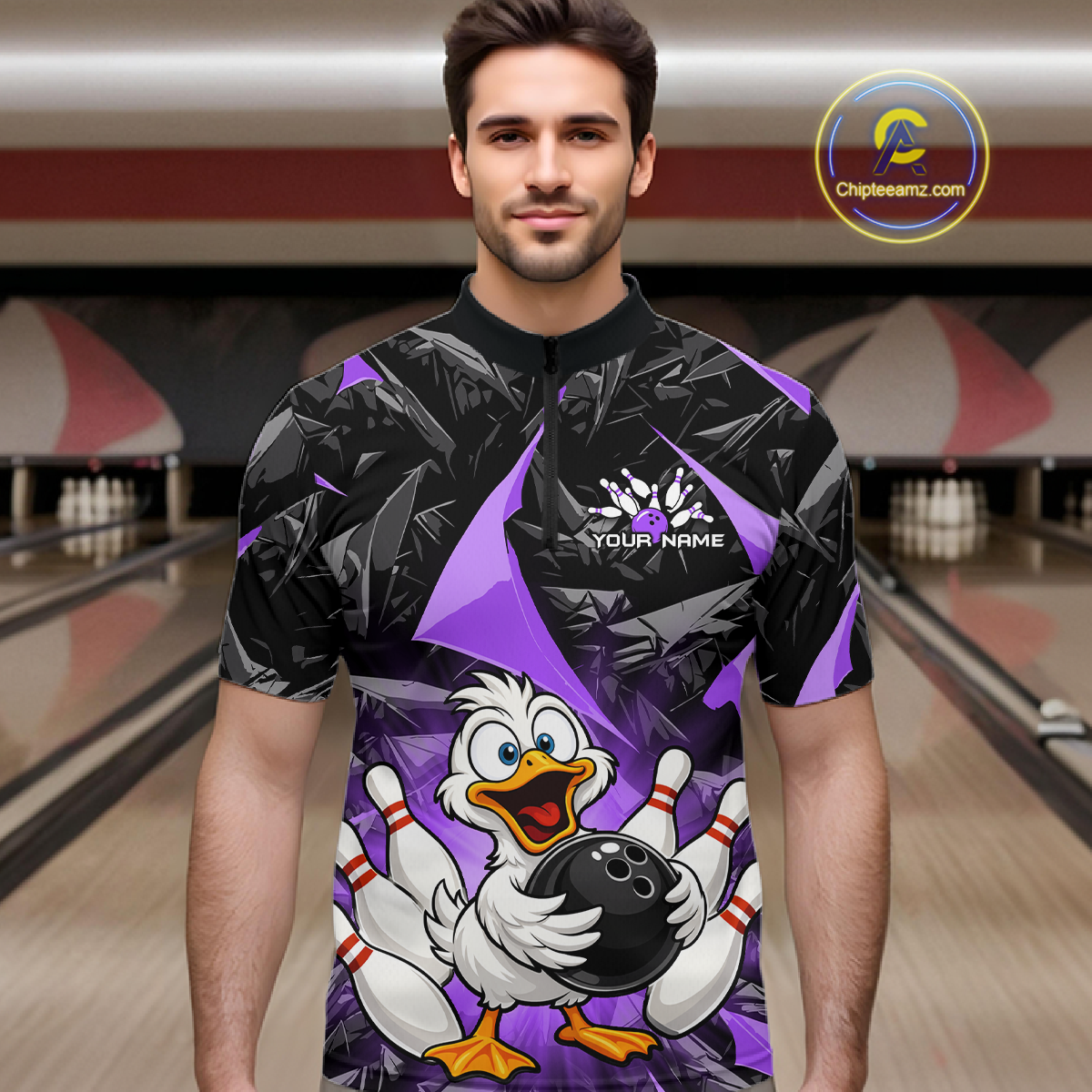 Custom Purple Funny Duck Bowling Jersey for Men Bowling League Bowling Team Shirts Polo & 1/4 Zip HN233