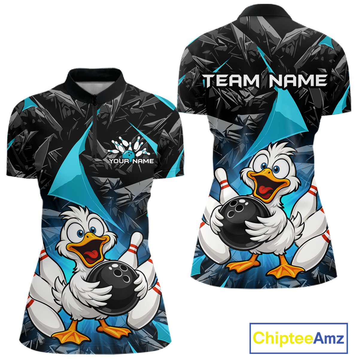 Custom Turquoise Funny Duck Bowling Jersey for Women Bowling League Bowling Team Shirts Polo & 1/4 Zip HN233