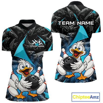Custom Turquoise Funny Duck Bowling Jersey for Women Bowling League Bowling Team Shirts Polo & 1/4 Zip HN233