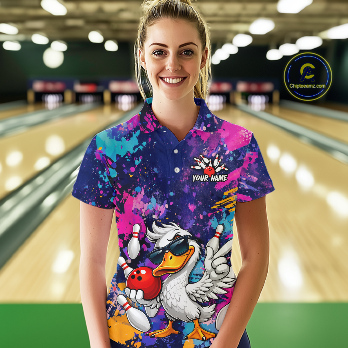 Custom Graffiti Funny Duck Bowling Jersey for Women Bowling League Bowling Team Shirts Polo & 1/4 Zip HN234