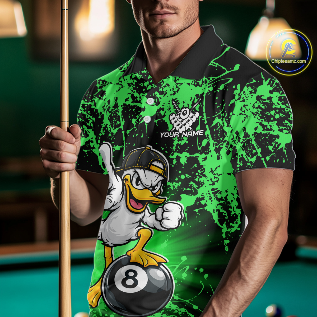 Custom Green Funny Duck Billiard Shirt for Men Billiard Team Jersey League 8 Ball Pool Shirts NNT171