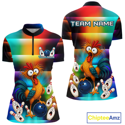 Front and back views of a colorful bowling  quarter zip featuring a shocked rooster chicken, blue bowling ball, surprised pins, and custom team and your text.
