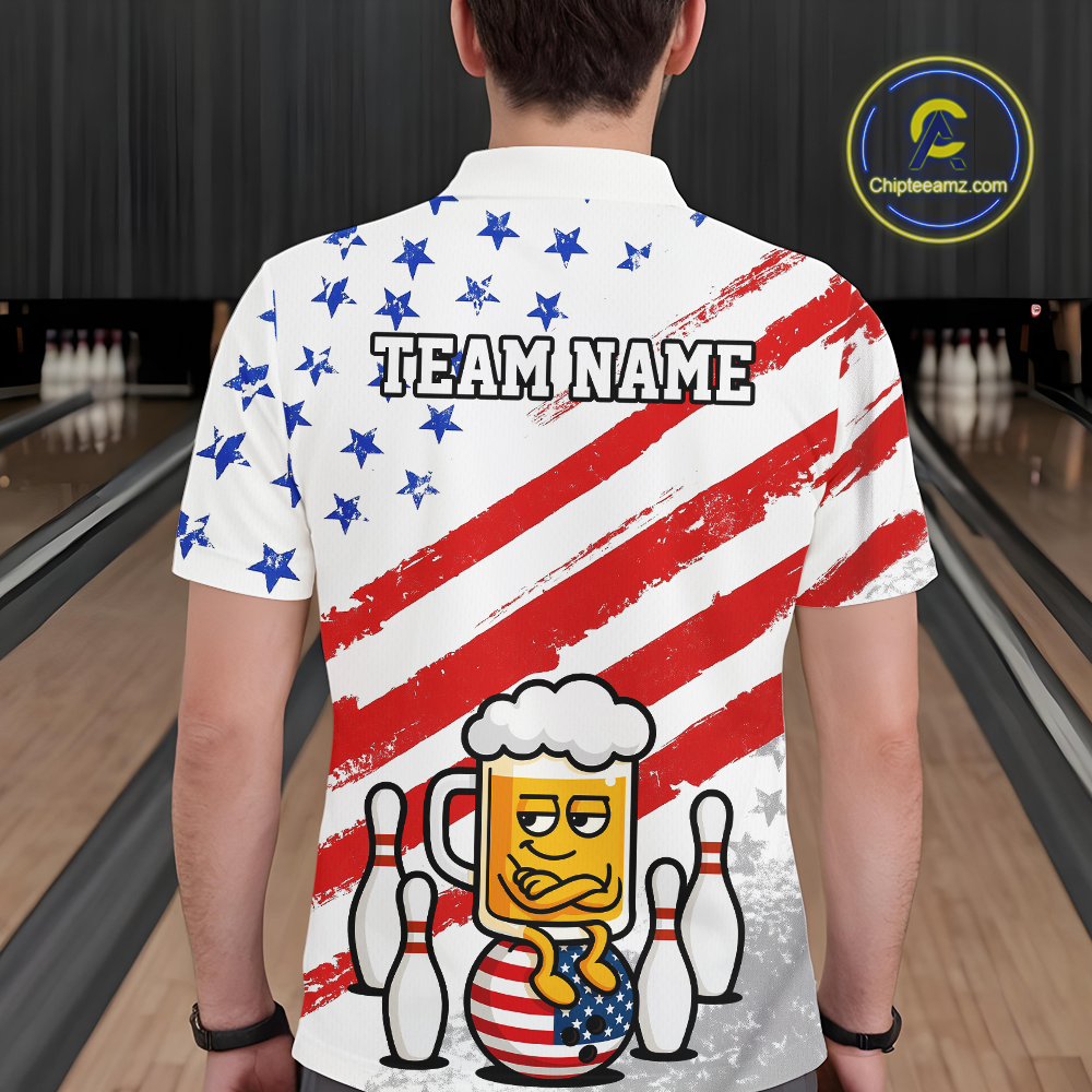 Custom US Flag Funny Beer Bowling Jersey for Men Polo & 1/4 Zip Bowling Team Shirts HNT143