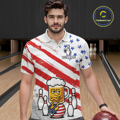 Custom US Flag Funny Beer Bowling Jersey for Men Polo & 1/4 Zip Bowling Team Shirts HNT143
