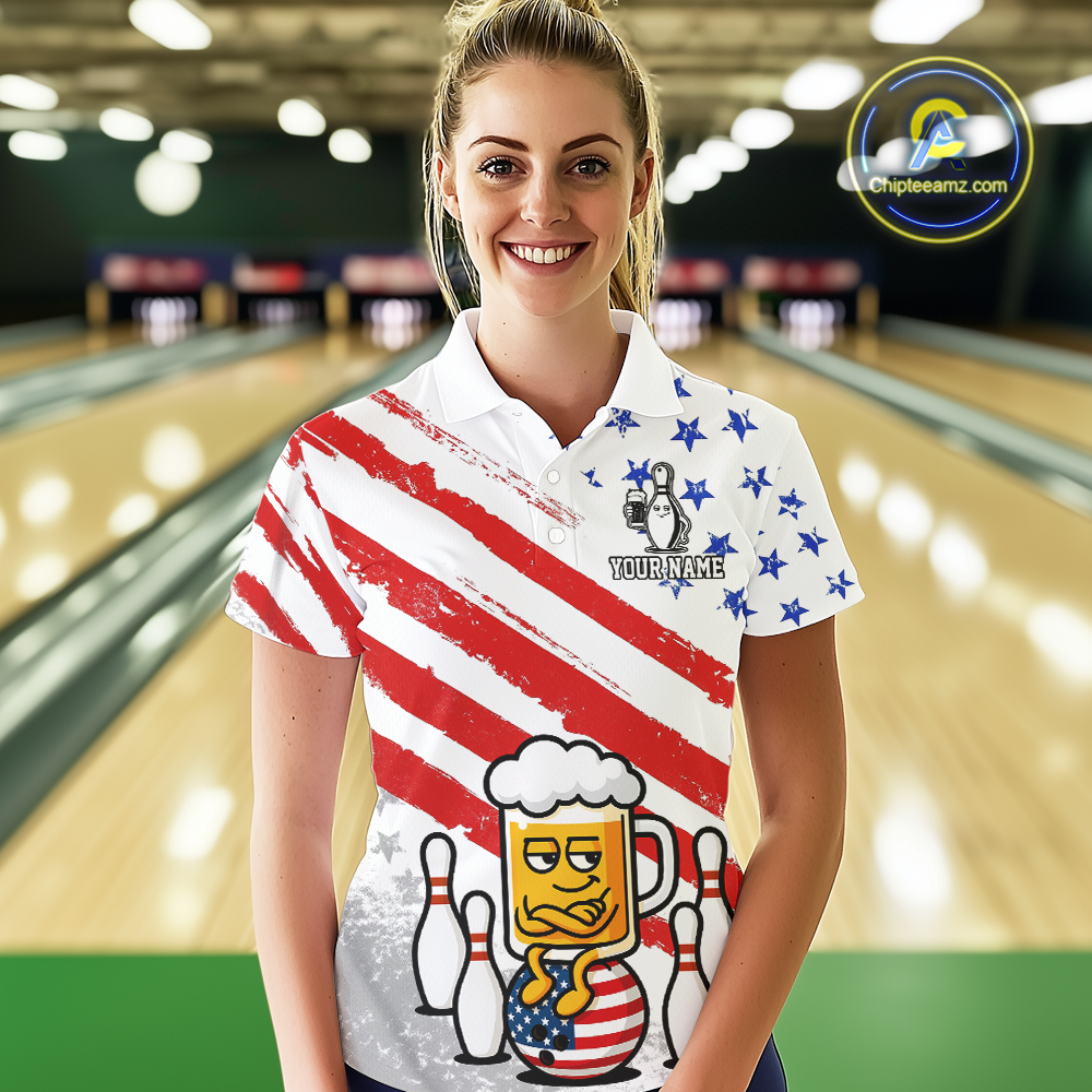 Custom US Flag Funny Beer Bowling Jersey for Women Polo & 1/4 Zip Bowling Team Shirts HNT143
